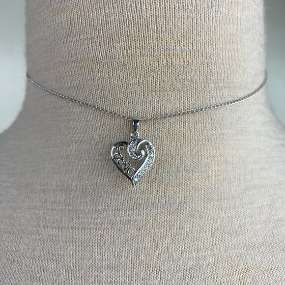 Sterling Silver CZ Heart Love Pendant Necklace 15" - Picture 1 of 7